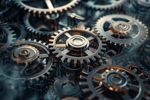 Complex system of interlocking gears working together in perfect harmony photo