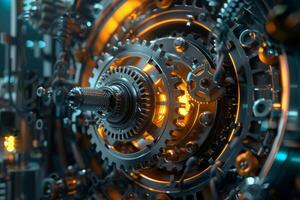 Intricate clockwork with shiny metal gears is turning and generating power photo