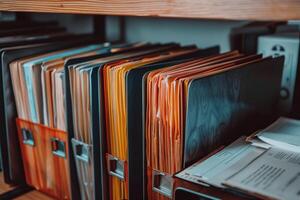 Archive of files organized on a shelf representing bureaucracy and administration photo