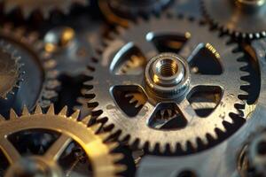 Close up view of intricate clockwork gears working together photo