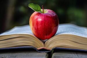 Red apple resting on open book symbolizing education photo