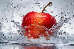 Red apple splashing into water creating water droplets photo