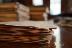 Stack of folders sitting on a desk with more files in the background photo