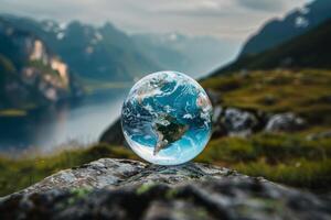 Glass globe representing planet earth balancing on a rock in the mountains photo