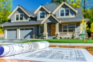 Architectural blueprints lying on a table with a brand new suburban house in the background photo