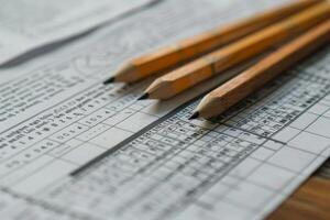 Three pencils resting on top of financial spreadsheet analyzing numbers photo