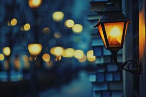 Street lamp illuminating a city street with bokeh background photo