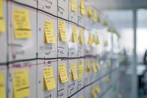 Agile scrum methodology workflow board covered with sticky notes photo
