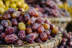 Fresh dates are piled high in a wicker basket, ready to be enjoyed photo