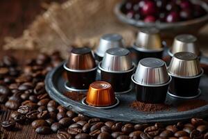 Coffee capsules resting on a slate tray surrounded by coffee beans photo