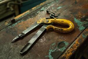 Old yellow handle tin snips resting on workbench photo