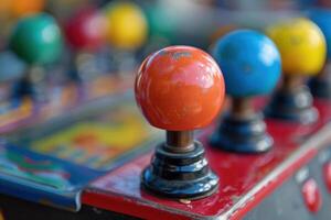 Close up view of colorful round joysticks of an old arcade game machine photo