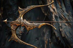 Fantasy bow and arrow on dark background for archery and rpg games photo