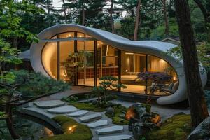 Organic architecture blending harmoniously with nature in a peaceful forest setting photo