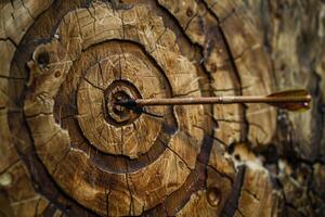 Arrow hitting the center of an old wooden target photo