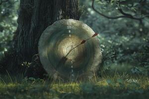 Old archery target with arrows hitting the center in a forest photo