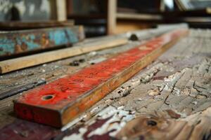 Red wooden ruler lying on weathered wood surface in workshop photo