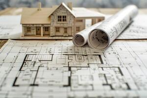 Architectural blueprints are spread on a table with a model house resting on top photo