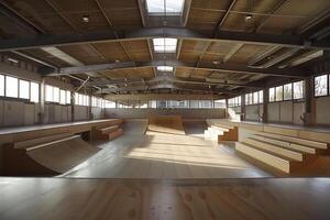 Empty indoor skatepark with ramps and rails waiting for riders photo