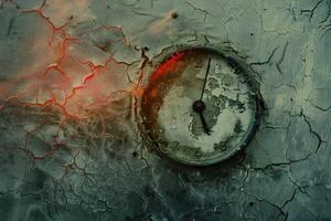 Old clock showing five to twelve on cracked background photo