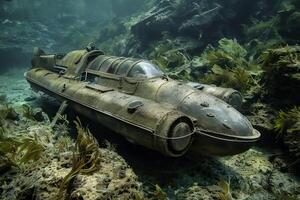 Old abandoned rusty submarine resting on the seabed photo