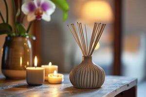 Reed diffuser, scented candles and orchid flower creating relaxing atmosphere photo