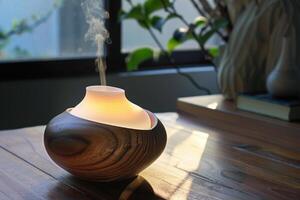 Modern electric essential oil diffuser releasing calming fragrance into the air photo