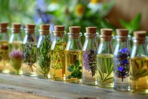 Bottles of essential oil containing fresh herbs are lined up on a table photo