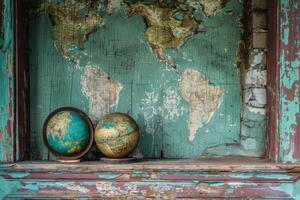 Two globes resting on a shelf in front of a world map photo