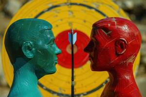 Conceptual image of rivalry with two mannequins and archery target photo