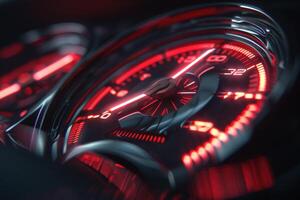 Red speedometer showing high speed reaching performance limit photo