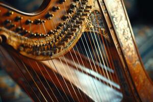 Closeup view of a harp showing its strings and tuning pegs photo