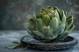 Single ripe artichoke resting on a textured plate photo