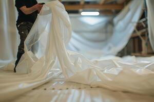 Construction worker installing plastic sheeting for protection photo