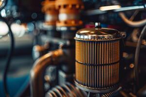 Close up of air filter in powerful v8 engine photo
