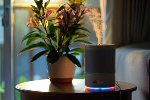 Modern electric humidifier diffusing steam at home photo