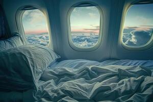 Empty airplane bed with a view of a sunset over clouds photo
