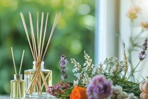 Reed diffuser and essential oil bottles with fresh flowers creating relaxing atmosphere photo