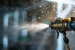 Professional spray gun applying paint creating a mist of tiny droplets photo