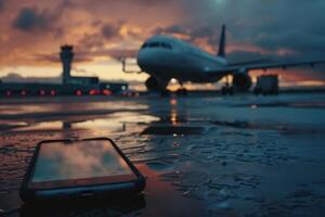 Smartphone lying on wet tarmac with airplane taking off in background photo