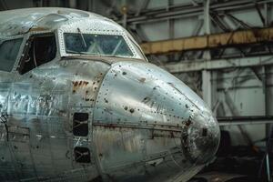 Old rusted airplane nose standing in hangar photo