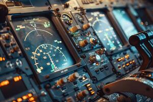 Airplane cockpit control panel showing flight and navigation information photo