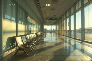 Empty airport terminal waiting area with sunlight shining through windows photo
