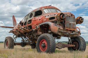Rusty abandoned custom plane car sitting in field photo