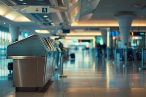 Empty check in counters standing in deserted airport terminal photo