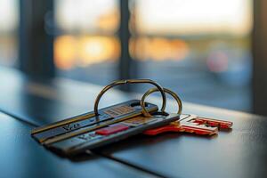 Bunch of keys laying on a table by the window photo