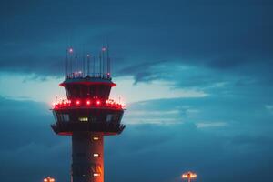 Air traffic control tower guiding airplanes at dusk with dramatic sky photo