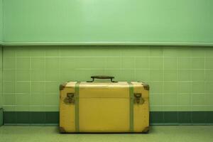 Old yellow suitcase sitting alone against green tiled wall photo