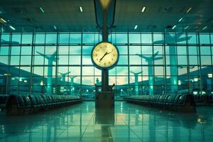 Large clock showing time in empty airport terminal photo