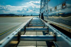 Empty passenger boarding bridge is extending on the tarmac photo